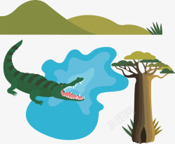 手绘卡通野生动物鳄鱼矢量图素材