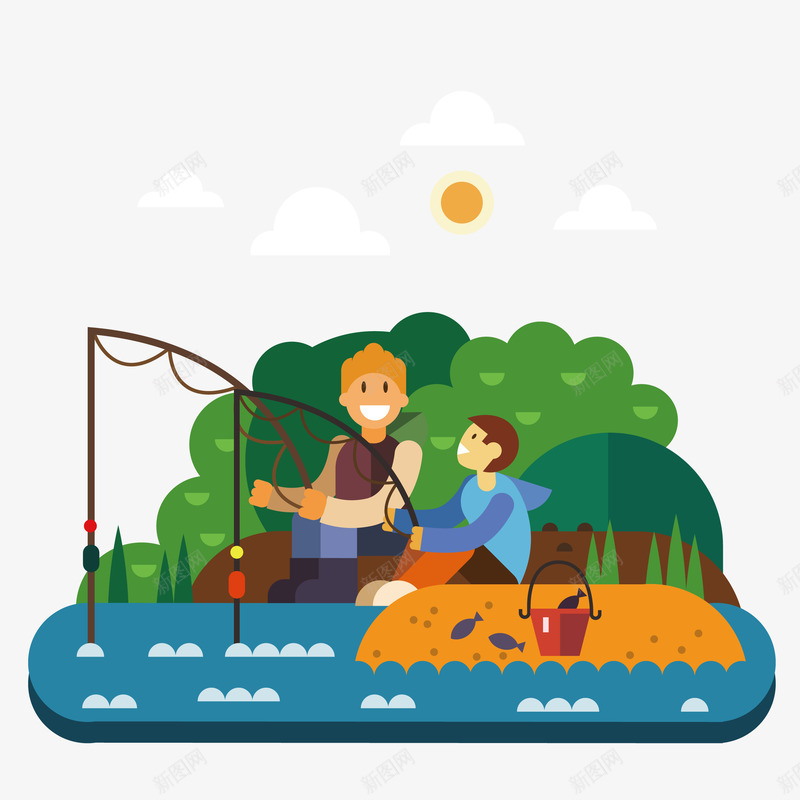 扁平化一起钓鱼的人png免抠素材_88icon https://88icon.com 人物 修养身心 坐着的 钓鱼