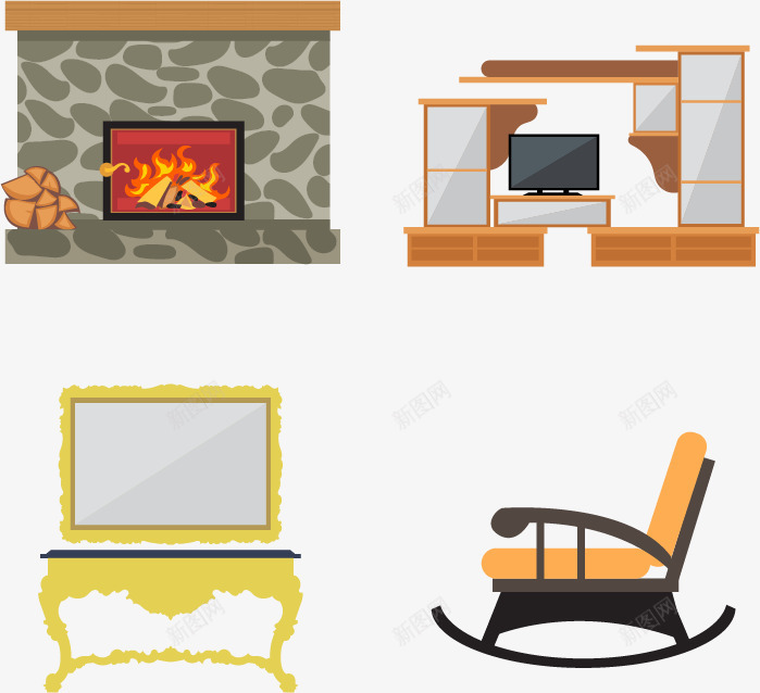 现代家居png免抠素材_88icon https://88icon.com 壁炉 家具设计 摇摇椅 电视柜 矢量素材