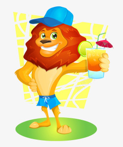 卡通手绘戴帽子狮子喝饮料素材