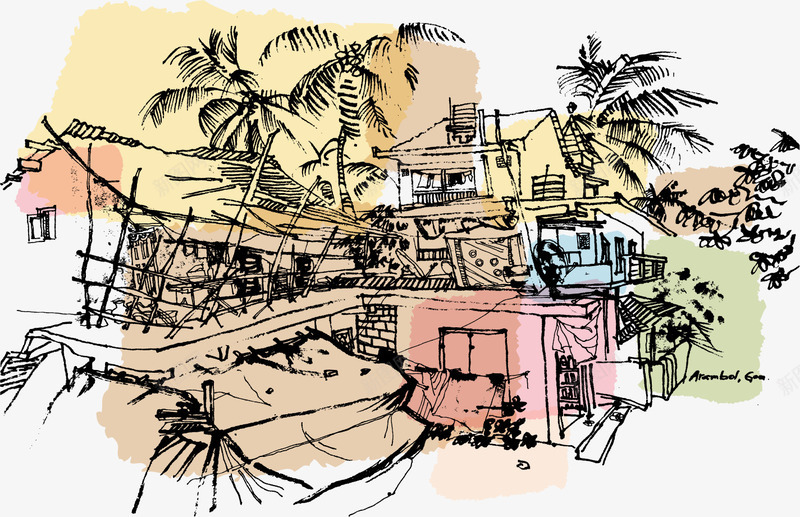 手绘海边风情别墅矢量图eps免抠素材_88icon https://88icon.com 别墅 手绘 椰树 海边 矢量图 矢量素材 连排别墅 速写