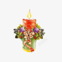 手绘花朵围绕的红色蜡烛素材