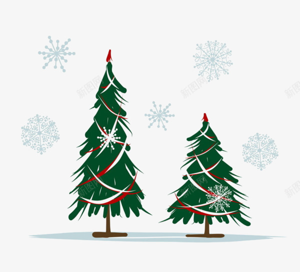 卡通圣诞两棵松树雪花装饰png免抠素材_88icon https://88icon.com 卡通手绘 圣诞树 松树 雪花