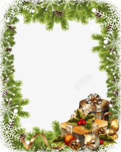 圣诞礼盒装饰松树叶边框素材