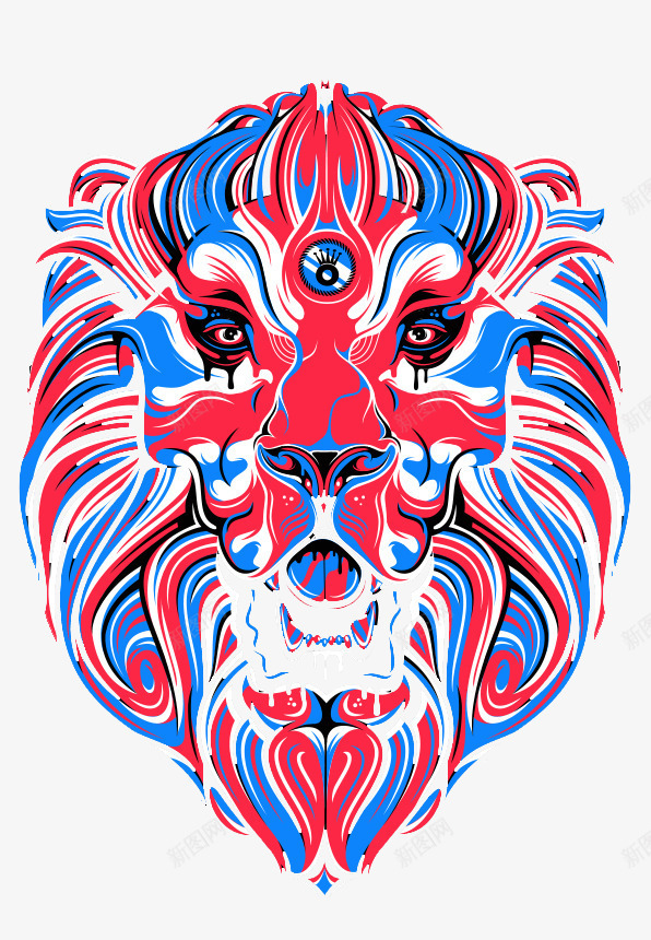 蓝红线条狮子头png免抠素材_88icon https://88icon.com 创意 狮子头 红色 线条 蓝色