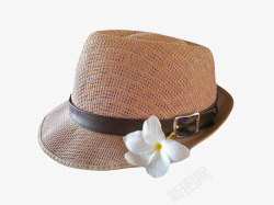 棕色日系皮带装饰带草帽女和花朵素材