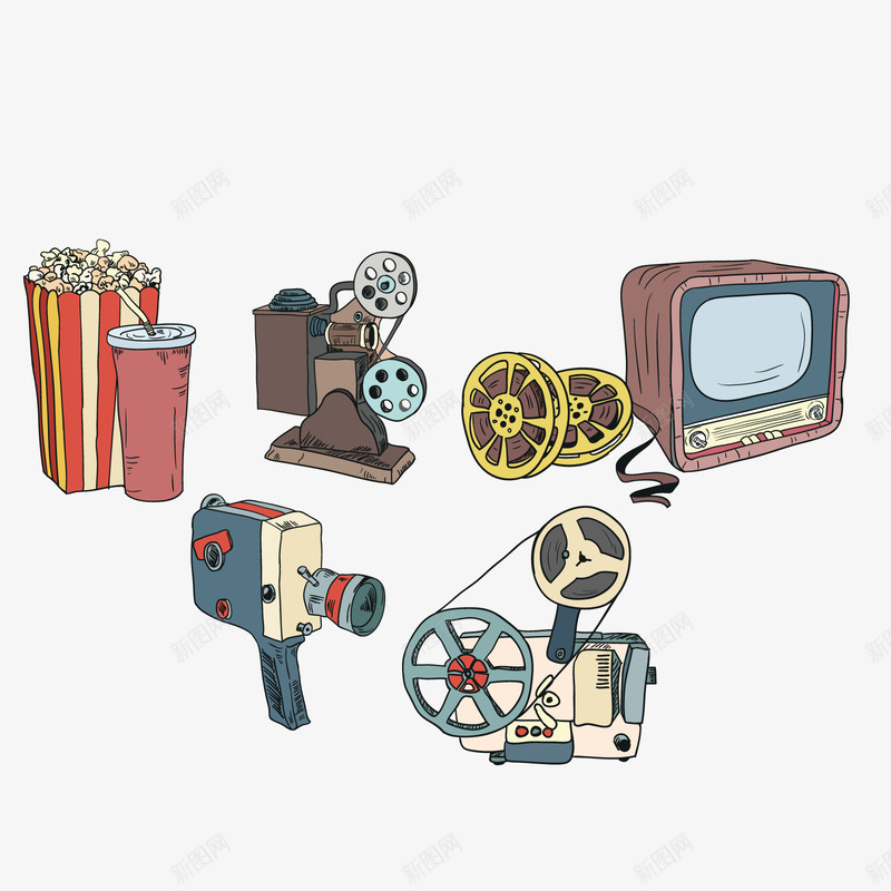 电视矢量图ai免抠素材_88icon https://88icon.com PNG免抠图下载 TV 复古 放映 爆米花 装饰 矢量图