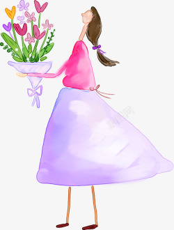 手绘粉色花朵服饰美女素材