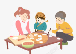 卡通手绘包饺子的一家人素材