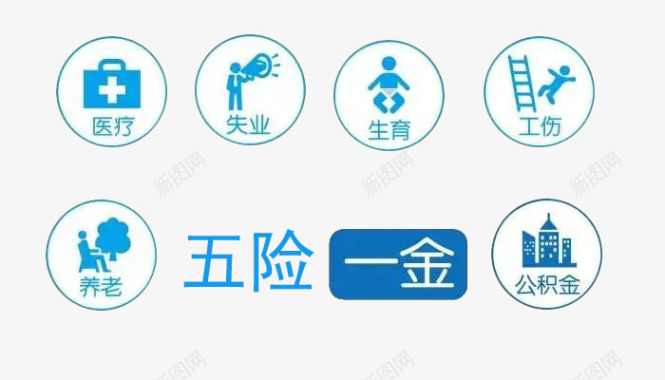 五险一金蓝色图标及文字图标