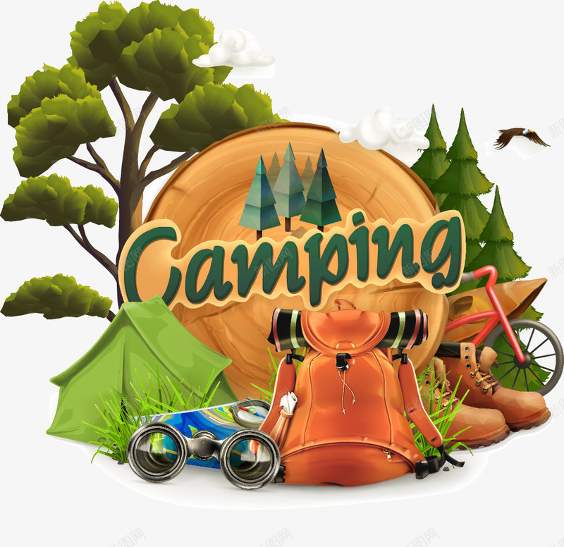 旅游用品png免抠素材_88icon https://88icon.com 地图 帐篷 旅游用品 望远镜 树木 背包