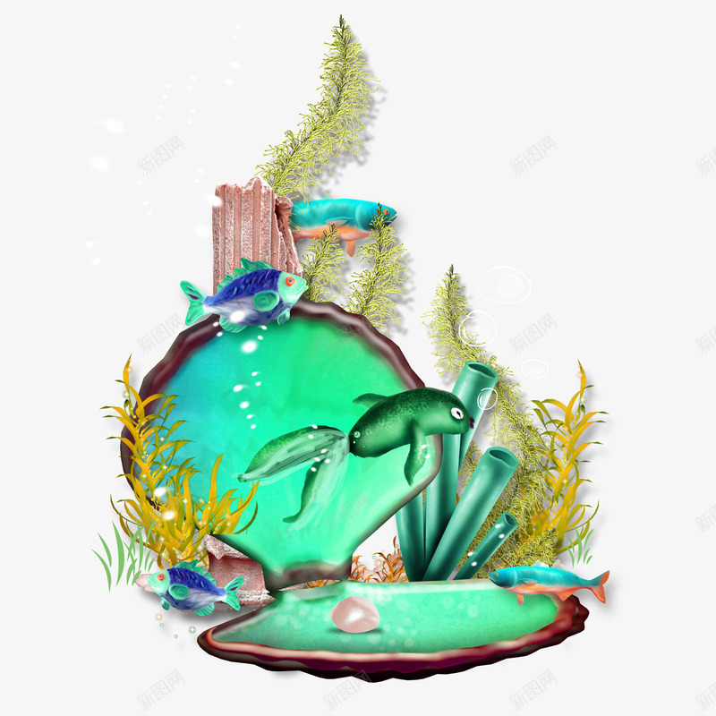 唯美海洋图案psd免抠素材_88icon https://88icon.com 小鱼素材 植物 海洋 海草 贝壳