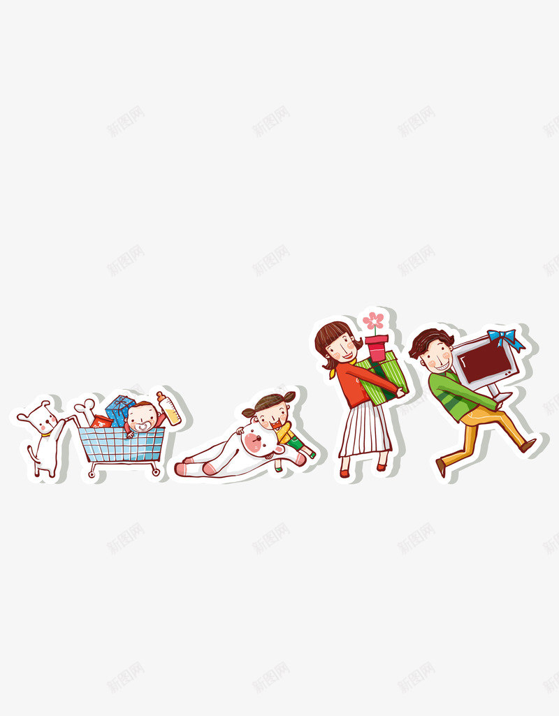 卡通剪影类手绘购物png免抠素材_88icon https://88icon.com 买东西 卡通剪影 手绘插画 搬东西 购物 购物车