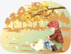 卡通公园秋天风景秋天公园女孩喂小狗吃东西高清图片