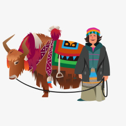 卡通藏民与牦牛插图矢量图素材
