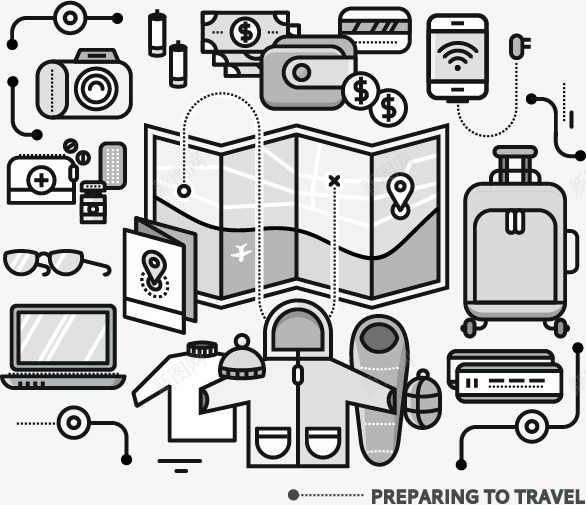 旅游用品矢量图eps免抠素材_88icon https://88icon.com 信用卡 地图 手机 护照 支票 旅游用品 旅行箱 照相机 电池 电脑 眼镜 衣服 货币 矢量图