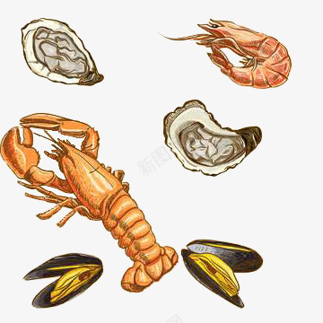 手绘海鲜食物片psd免抠素材_88icon https://88icon.com 扇贝 手绘图片 海虹 海鲜素材 食物 龙虾