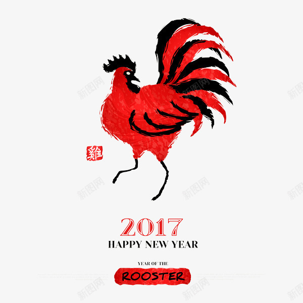 红色公鸡中国风日历用psd免抠素材_88icon https://88icon.com 2017新年图片 PNG素材图 中国风日历素材 水墨画鸡年图片