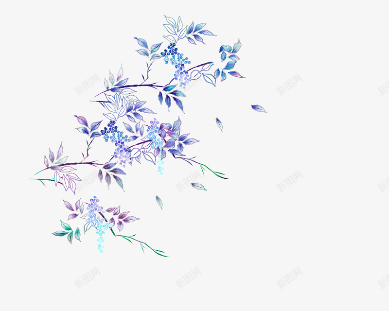 蓝色枝条花朵图案png免抠素材_88icon https://88icon.com 卡通花朵 日式花朵图案 植物花朵 花卉