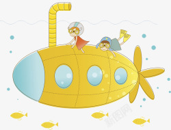 卡通潜艇骑在潜艇上的男女孩高清图片