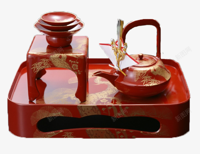 日式红色漆器茶具套装png免抠素材_88icon https://88icon.com 套装 日式 日本茶 漆器 红色 花纹装饰 茶具 茶壶 金色