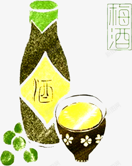 手绘白酒中国风梅子酒png免抠素材_88icon https://88icon.com 中国风 彩色手绘 手绘白酒 梅子酒 梅酒 清新典雅 绿色大气 食品行业