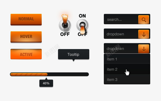 橙色渐变UI工具包png免抠素材_88icon https://88icon.com UI 下拉菜单 开关键 按钮 进度条