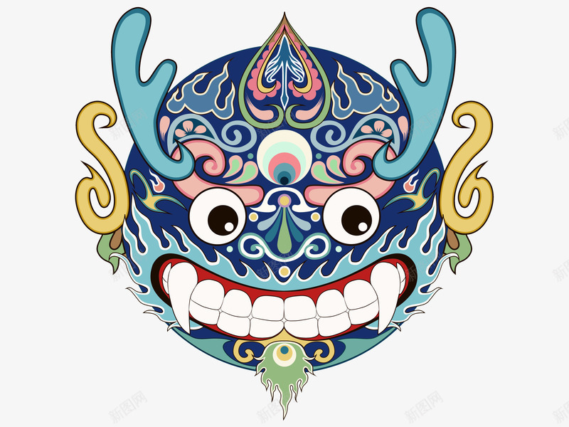 卡通麒麟脸谱png免抠素材_88icon https://88icon.com 中国风 变脸 可爱 尖牙 川剧 神兽 脸谱 蓝色 青色