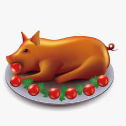 烤乳猪卡通盘子上的烤乳猪高清图片