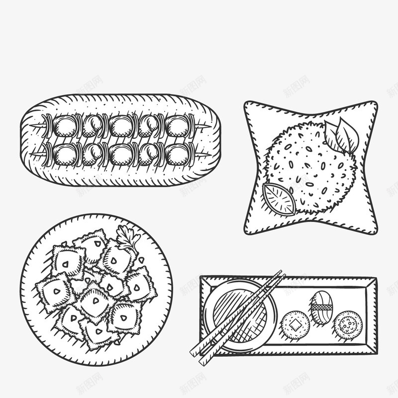 手绘菜品矢量图ai免抠素材_88icon https://88icon.com 寿司 炒饭 食物 黑色 矢量图