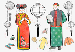 清朝刺绣旗袍中国婚礼传统插画高清图片