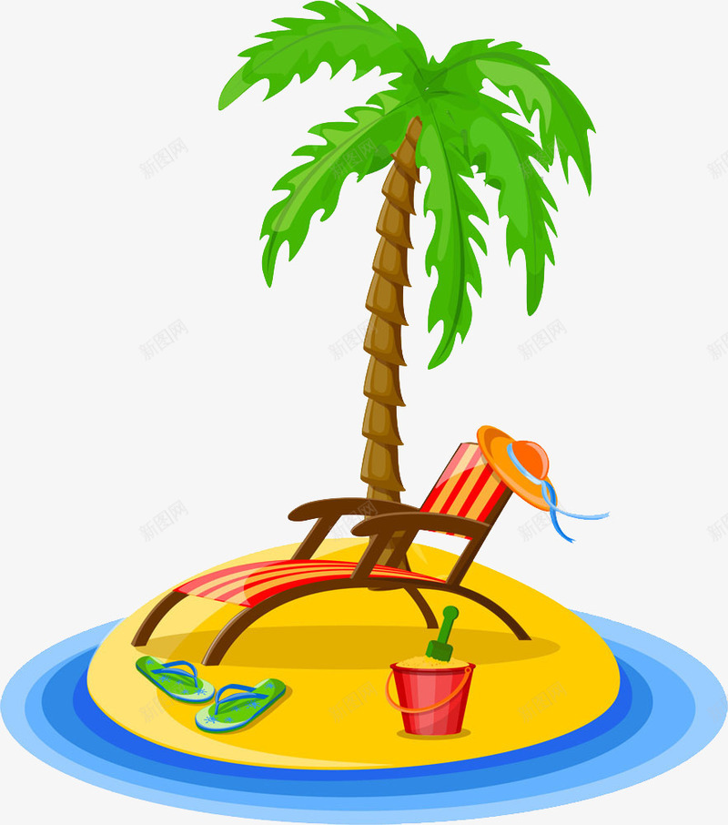 椰子树和旅游用品png免抠素材_88icon https://88icon.com 帽子 拖鞋 椰子树 躺椅