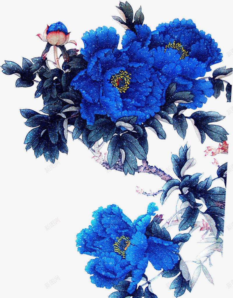 蓝色唯美手绘中式花朵png免抠素材_88icon https://88icon.com 中式 花朵 蓝色