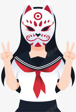 日本面具带着面具的日本女孩矢量图高清图片