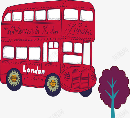 手绘的红色双层汽车不规则图形英国旅游图标图标