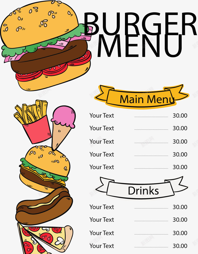 快餐汉堡菜单模板矢量图ai_88icon https://88icon.com 快餐菜单 汉堡 汉堡菜单 矢量png 菜单 矢量图