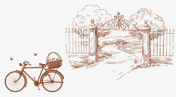 线稿手绘自行车门口插画素材
