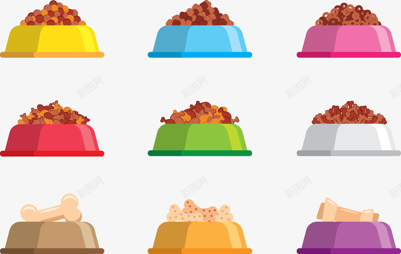 狗粮骨头png免抠素材_88icon https://88icon.com 彩色狗盆 特色狗粮 狗骨头 紫色 红色 绿色 骨头 黄色