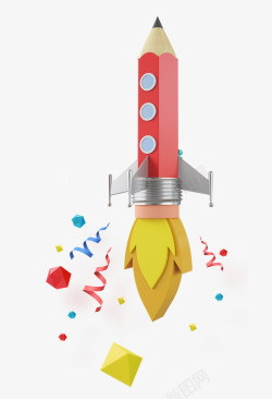 彩带铅笔创意立体铅笔火箭插画高清图片