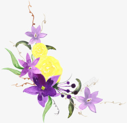 手绘紫色黄色花草花卉插画边角装素材