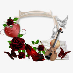 暗红色玫瑰小提琴琴谱边框素材