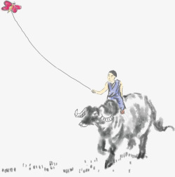 手绘放风筝的牧童插画素材