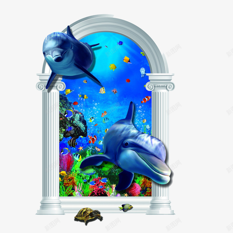 3D背景墙png免抠素材_88icon https://88icon.com 3D背景墙 海底世界 海豚 蓝色