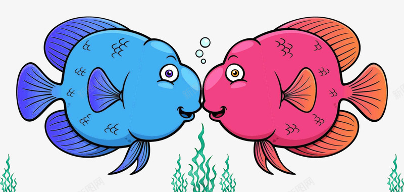 蓝色红色的亲嘴鱼psd免抠素材_88icon https://88icon.com 亲嘴鱼 动物 卡通特写 可爱鱼 泡泡 珊瑚 红色 蓝色