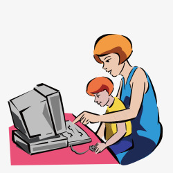 教女儿玩电脑的妈妈素材