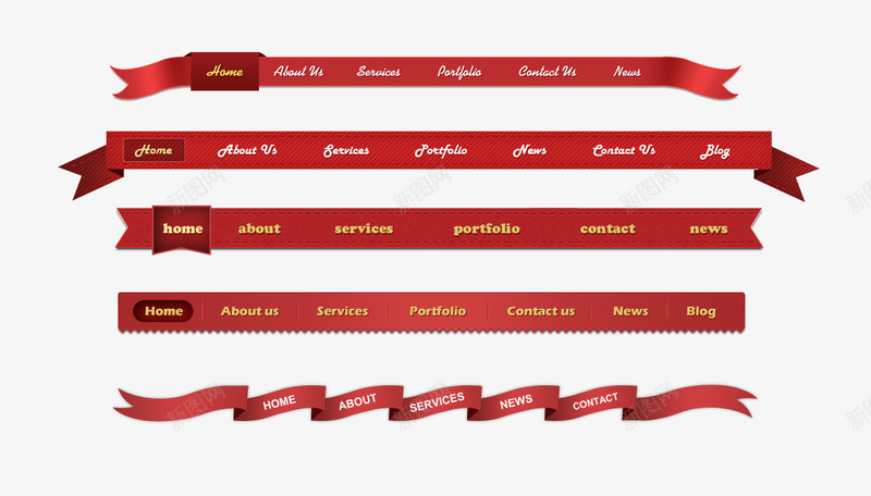 一组红色导航条png免抠素材_88icon https://88icon.com UI 丝带 导航条 红色 网页