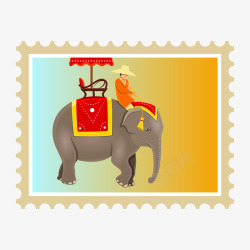黄蓝色骑大象的邮票矢量图素材