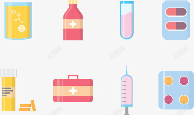 卡通药瓶工具医疗图标集合矢量图图标