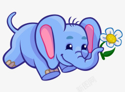 叼花的鸟卡通手绘蓝色可爱大象叼花高清图片