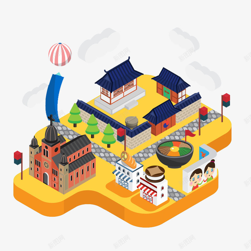 蓝色古风建筑png免抠素材_88icon https://88icon.com 3D 俯视图 创意 卡通 古风 商务 建筑物 手绘 旅游插画